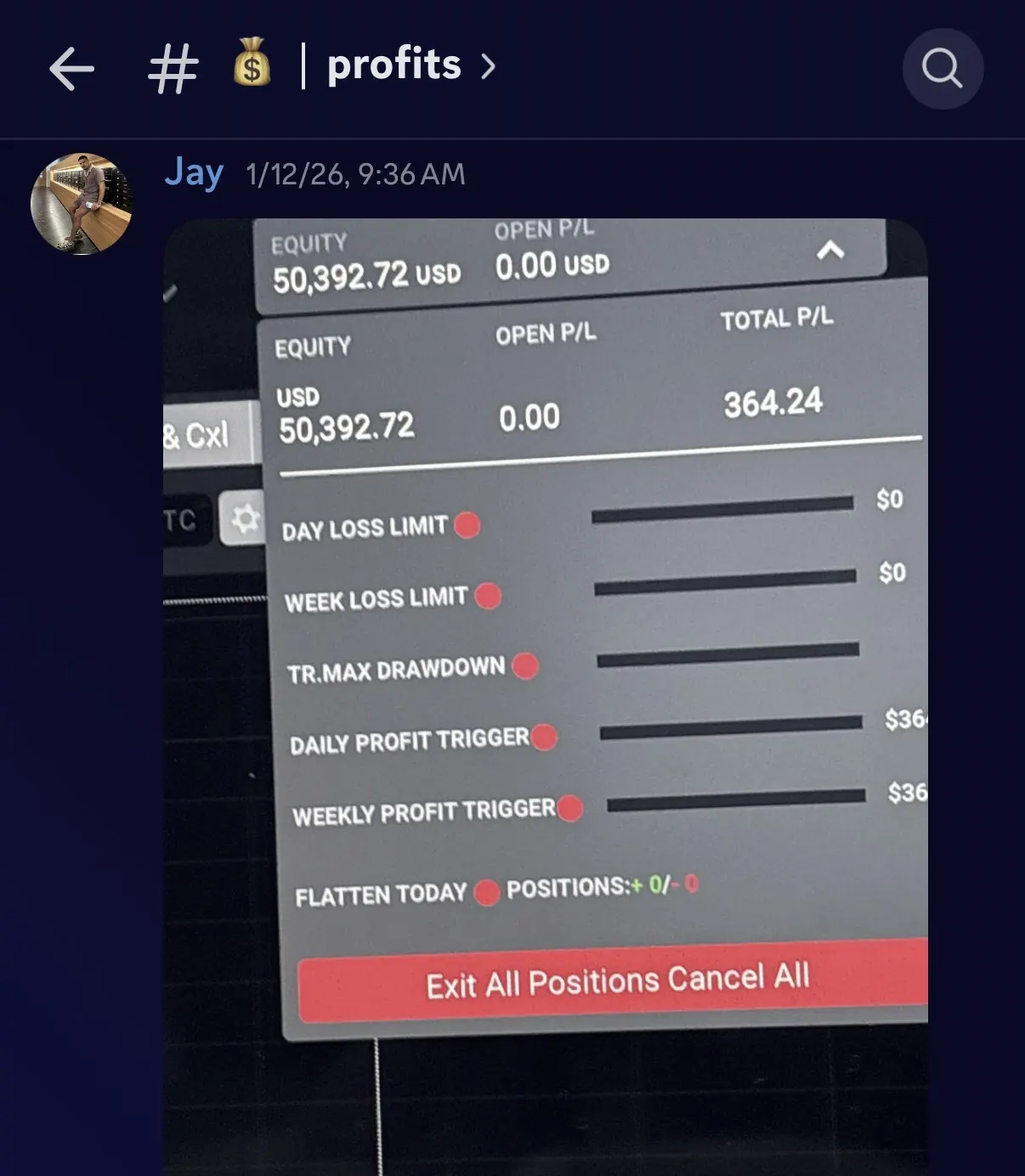 Student result showing $364 total P&L