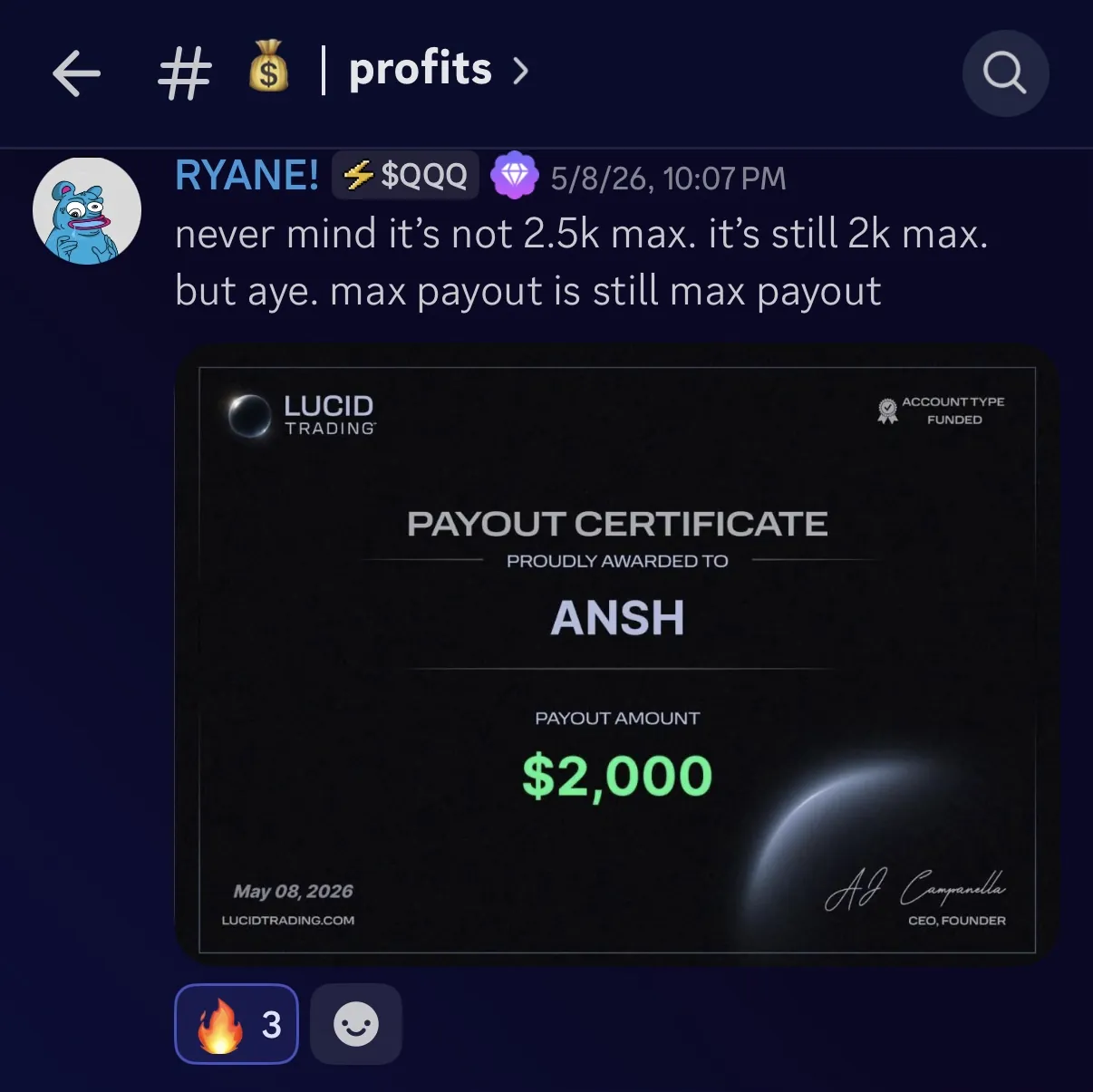 $2,000 student payout certificate screenshot