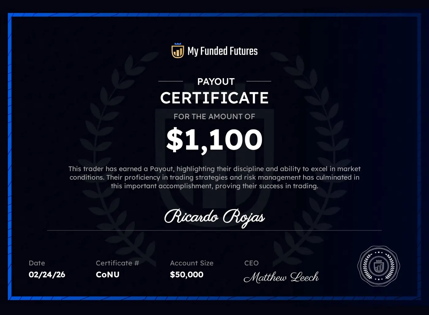 $1,100 My Funded Futures payout certificate