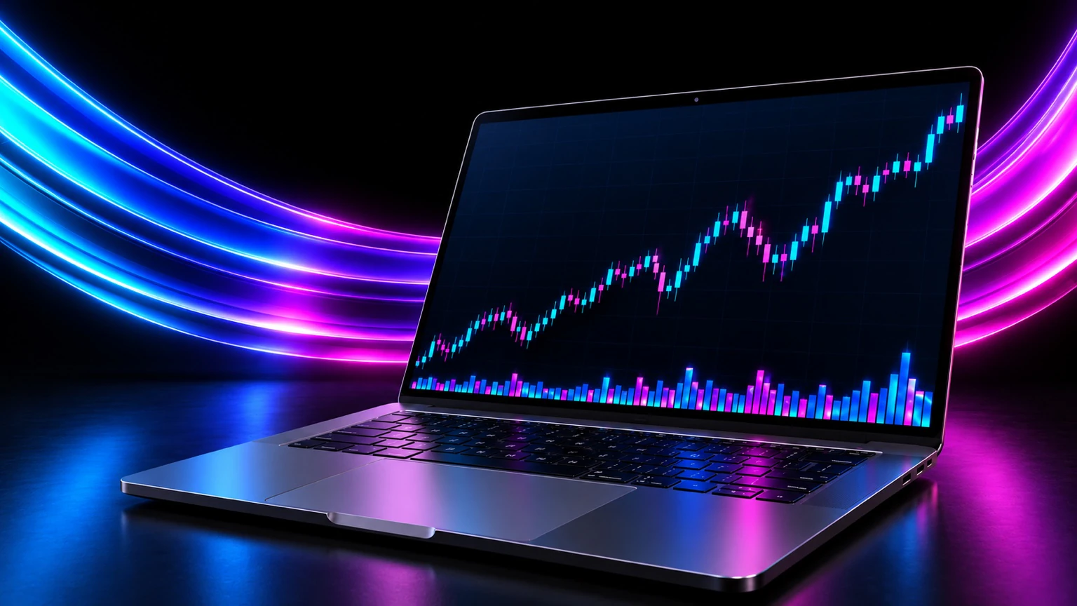 Laptop displaying a candlestick chart, framed by cyan and magenta light rays above a reflective floor